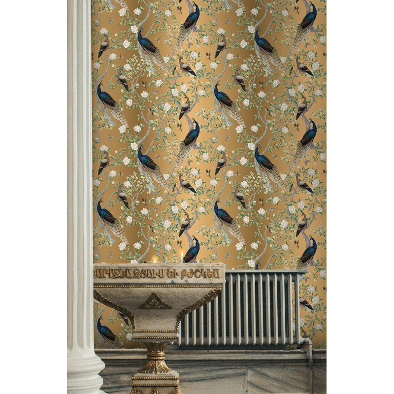 Lark Manor™ Peacock Chinoiserie Wallpaper Gold Look Floral Wall
